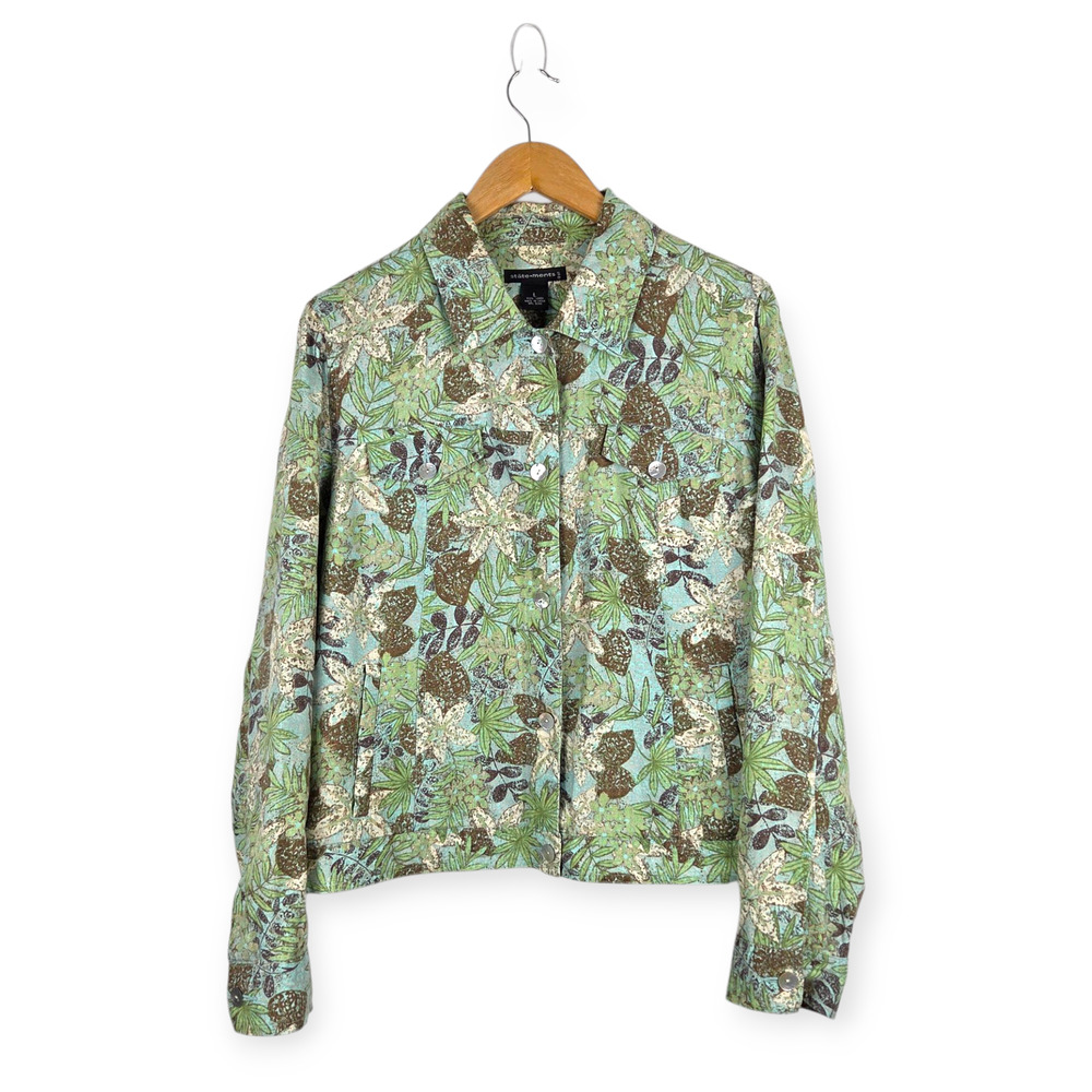 Statements Green‎ Brown Leaf Floral Linen Lightweight Jacket Size Large Tropical